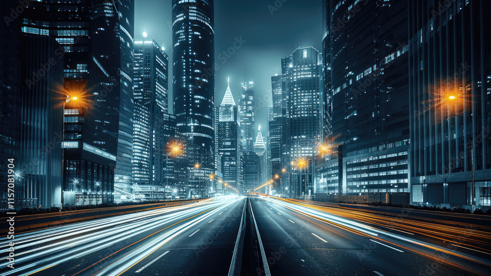 Obraz premium A night modern city with abstract light trails.