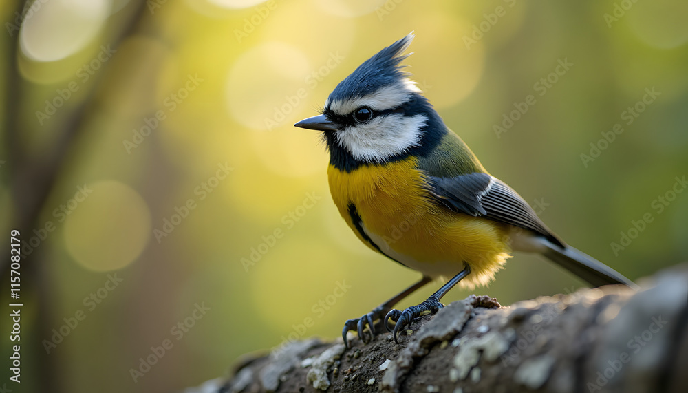 Blue tit bird sitting on a branch with a calm expression in a blurred green background Blue tit bird sitting on a branch with a calm expression in a blurred green background