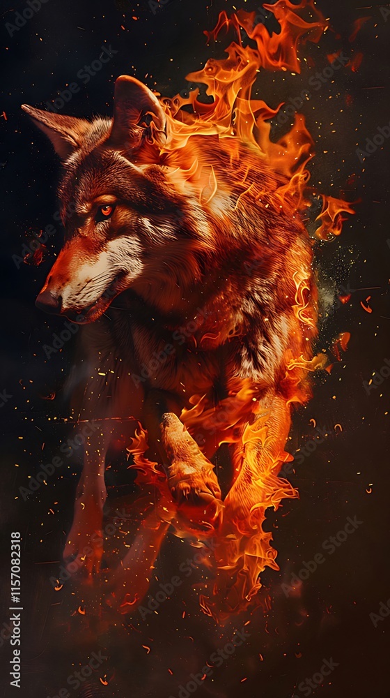 Fiery wolf running, engulfed in flames against dark background. Fiery wolf running, engulfed in flames against dark background.