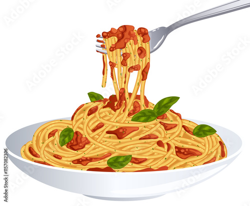 Pasta Al Pomodoro - Spaghetti Plate with Tomato Sauce and Basil. Spaghetti Twirled on Fork - Authentic Italian Cuisine Detailed Illustration