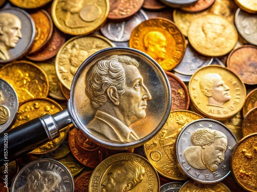 Uruguayan Peso & Centesimos Coins Under Magnifying Glass - Close-up Macro Detail photo