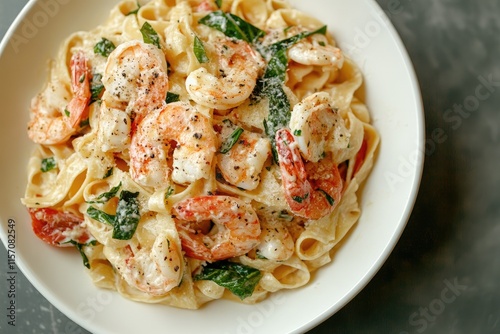 A delicious plate of creamy fettuccine with shrimp and fresh spinach on top.