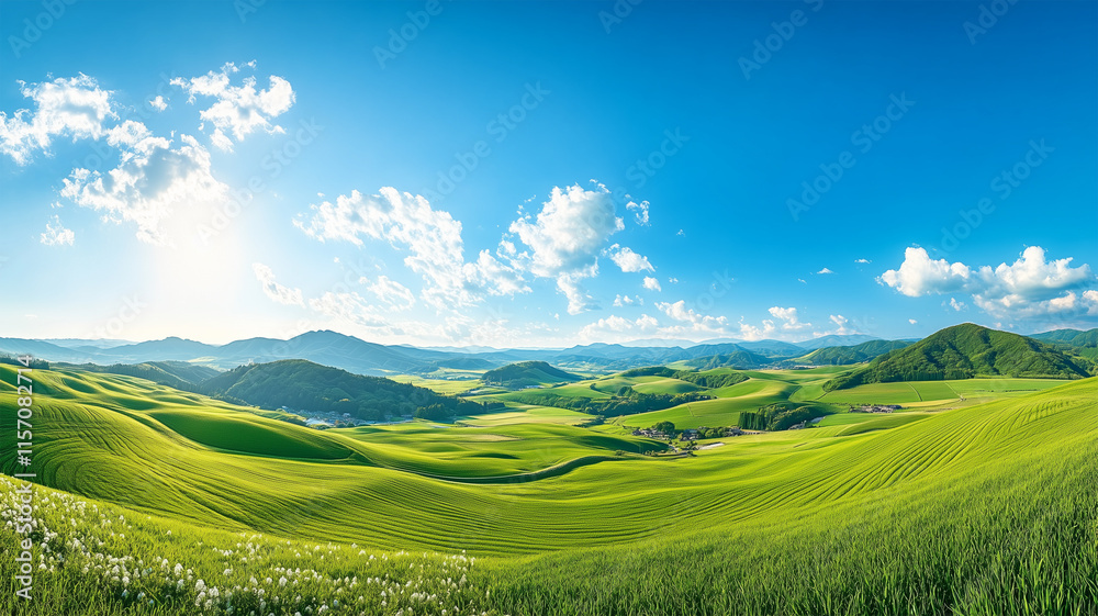 Fototapeta premium 夏の青空と広がる牧草地、日本の農村地帯の美しい風景