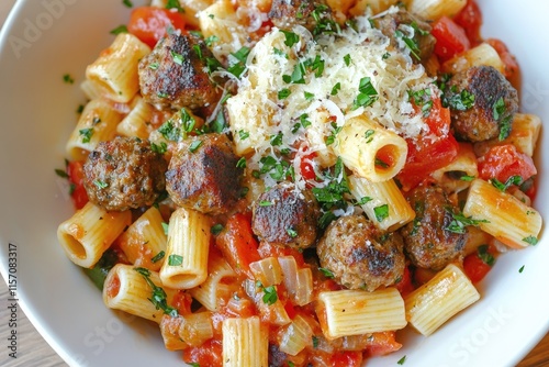 A bowl of rigatoni pasta topped with crispy meatballs and rich tomato sauce. photo