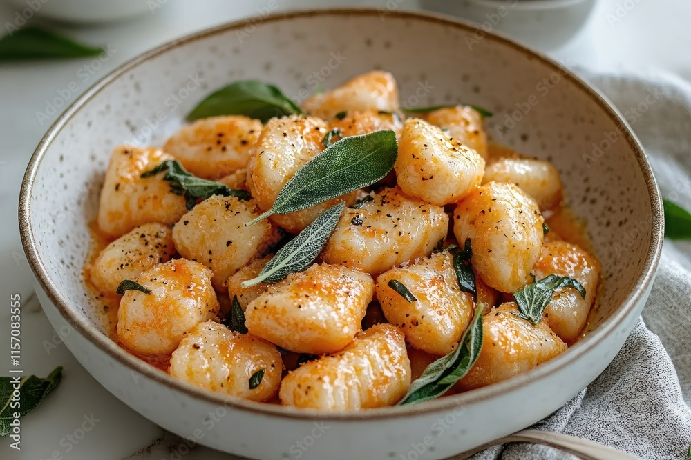 A bowl of golden gnocchi garnished with sage leaves for a comforting dish. A bowl of golden gnocchi garnished with sage leaves for a comforting dish.