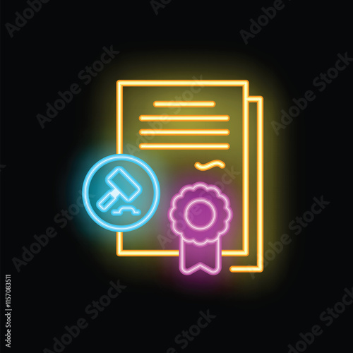 Bright neon icon of legal document being stamped with a gavel and decorated by an award ribbon