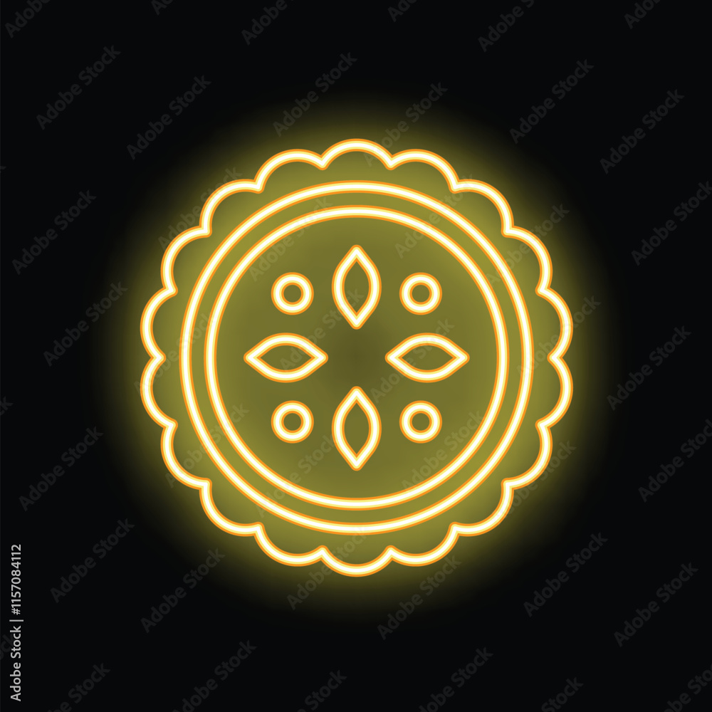 Yellow neon sign of a pie with a decorative crust glowing on a black background Yellow neon sign of a pie with a decorative crust glowing on a black background