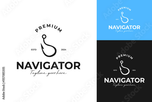 Creative navigator for fish hook logo design template vector illustration