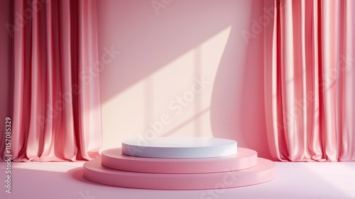 Stylish display podium with light pink backdrop for beauty and cosmetic product presentations in a modern setting