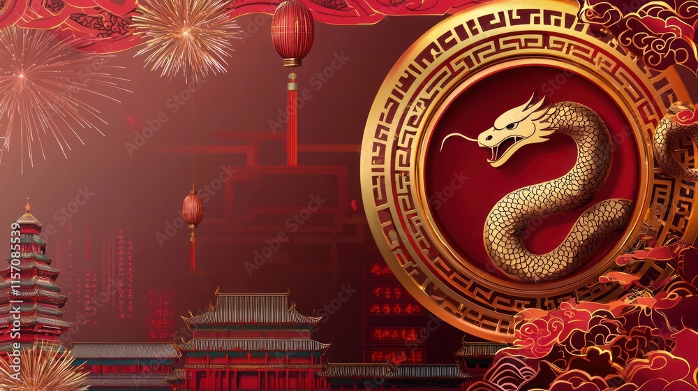 Obraz premium Festive Chinese New Year Dragon Fireworks Lanterns Temples