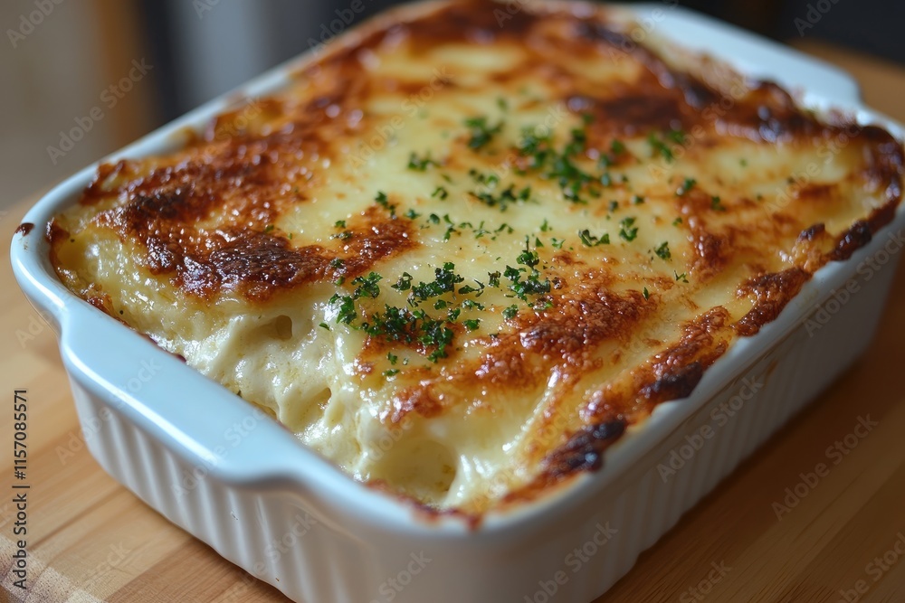 A tantalizing baked pasta dish topped with melted cheese and fresh herbs. A tantalizing baked pasta dish topped with melted cheese and fresh herbs.