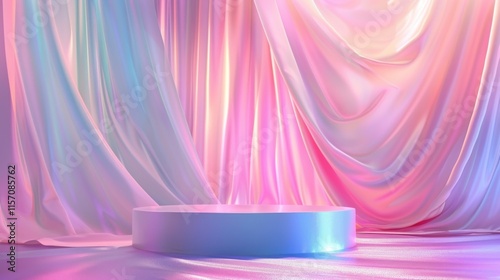 Iridescent display podium with silk curtains for showcasing beauty and cosmetic products in an elegant setting