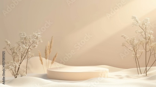 Elegant 3D display podium set against a serene nature colored background ideal for showcasing beauty and cosmetic products