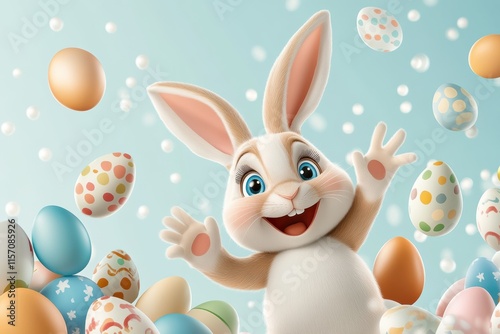 A cheerful cartoon bunny happily discovers colorful Easter eggs, symbolizing the joy and spirit of Easter that brings happiness to everyone, young and old, during this festive season photo