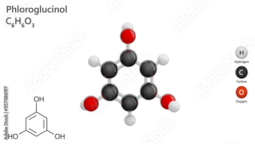 Molecule: Phloroglucinol. Antispasmodic. Molecular structure. Formula: C6H6O3. Chemical model: Ball and stick. White background. 3D illustration. photo