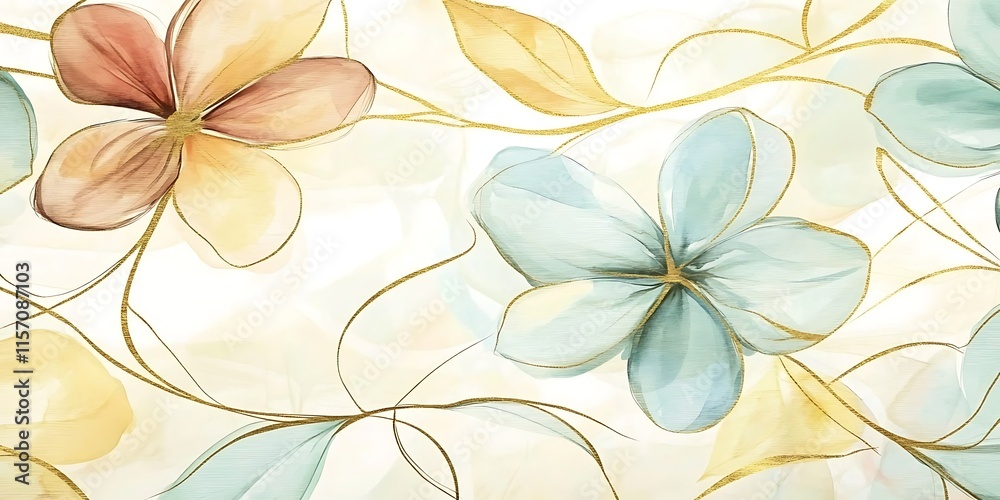 Obraz premium Watercolor floral design with pastel flowers and gold accents on white background.