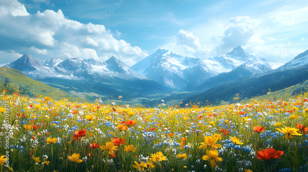 Fototapeta premium A picturesque aerial view of an alpine meadow with wildflowers in full bloom, framed by snow-capped mountains in the distance.