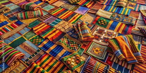 Vibrant Kente Cloth Textile Background - Aerial Drone Shot of African Fabric