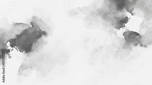 black and white smoke, white clouds in the sky, blue sky and clouds, A sheet of white watercolor paper texture as background	