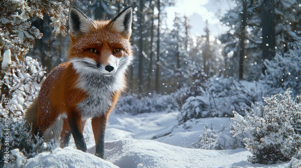 Fototapeta premium Red fox standing in snowy forest.