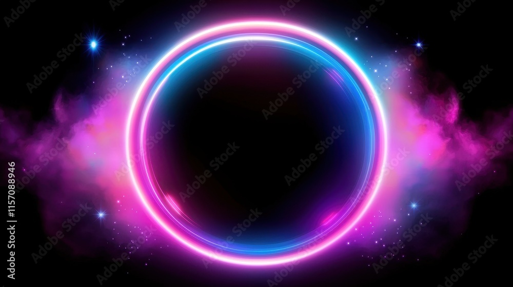 A futuristic neon circle glowing in vibrant pink and electric blue hues, surrounded by faint abstract mist and floating sparkles, creating a striking sci-fi atmosphere on a dark background. 
