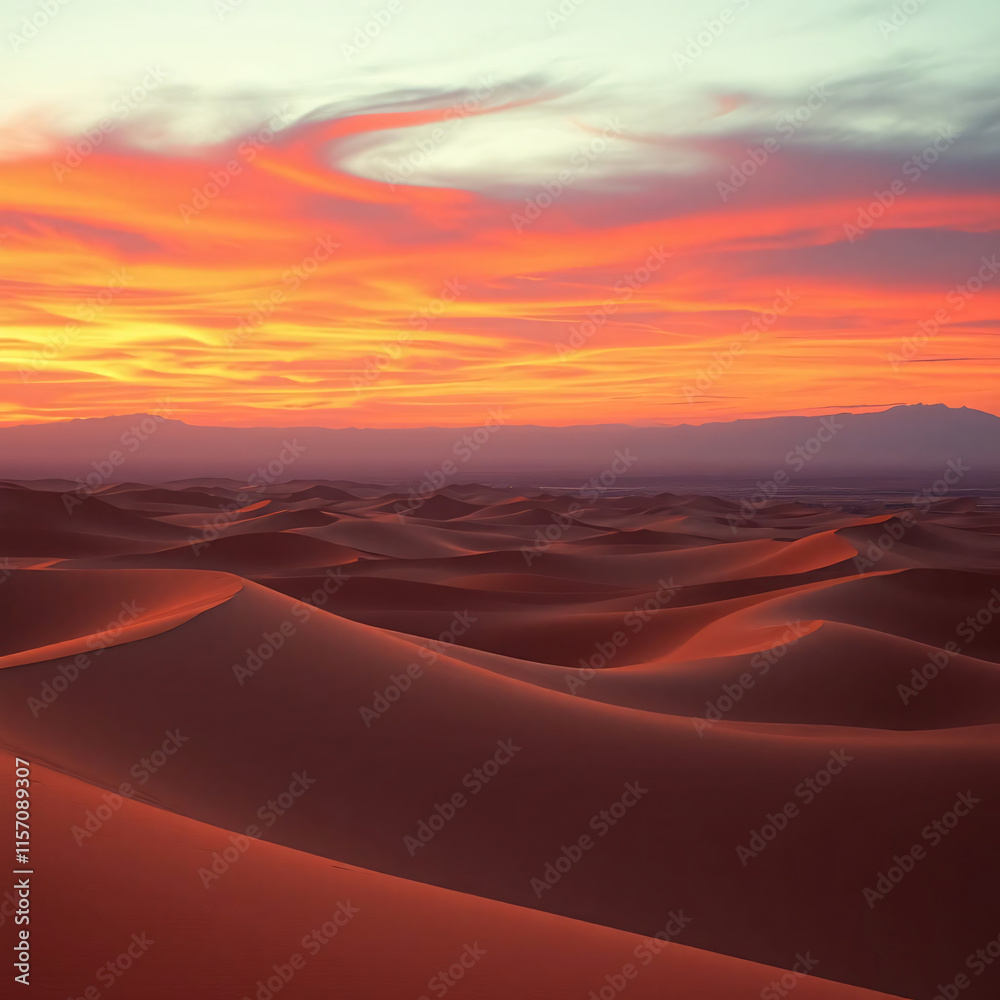 Naklejka premium Fiery sunset paints the desert sky with vibrant hues as the sun dips below the horizon