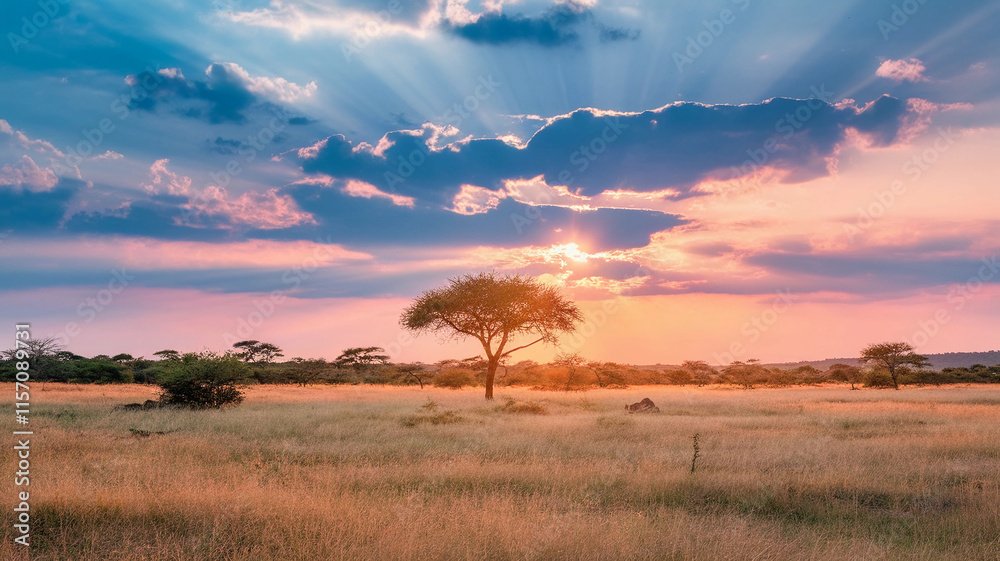 Fototapeta premium Lone Acacia Tree Under Vibrant Sunset Sky 
