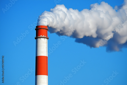 A red and white smokestack with clouds of air pollution coming out against a blue sky background.

