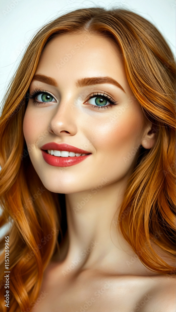 Portrait of a beautiful red hair girl with big eyes and red lipstick posing in front of the camera on a white background. Portrait of a beautiful red hair girl with big eyes and red lipstick posing in front of the camera on a white background.
