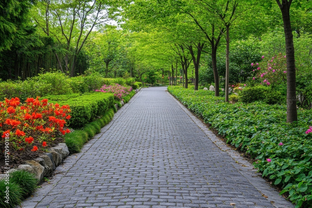 Cobblestone pathway lined with vibrant flowers in a lush green park during the daytime Cobblestone pathway lined with vibrant flowers in a lush green park during the daytime