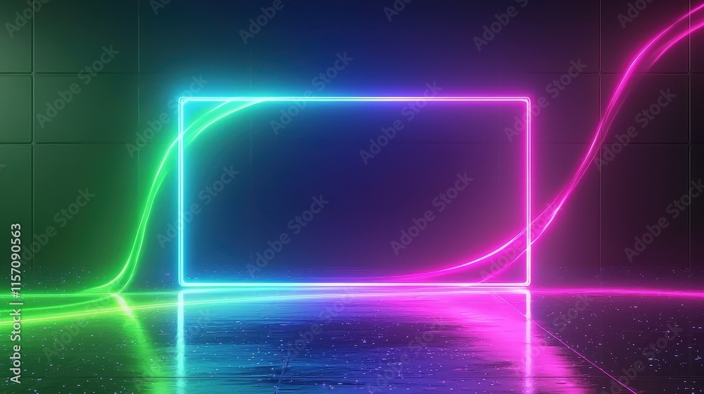A glowing neon frame with swirling light trails in rainbow hues, creating a dynamic and lively atmosphere, set against a dramatic dark backdrop. A glowing neon frame with swirling light trails in rainbow hues, creating a dynamic and lively atmosphere, set against a dramatic dark backdrop.