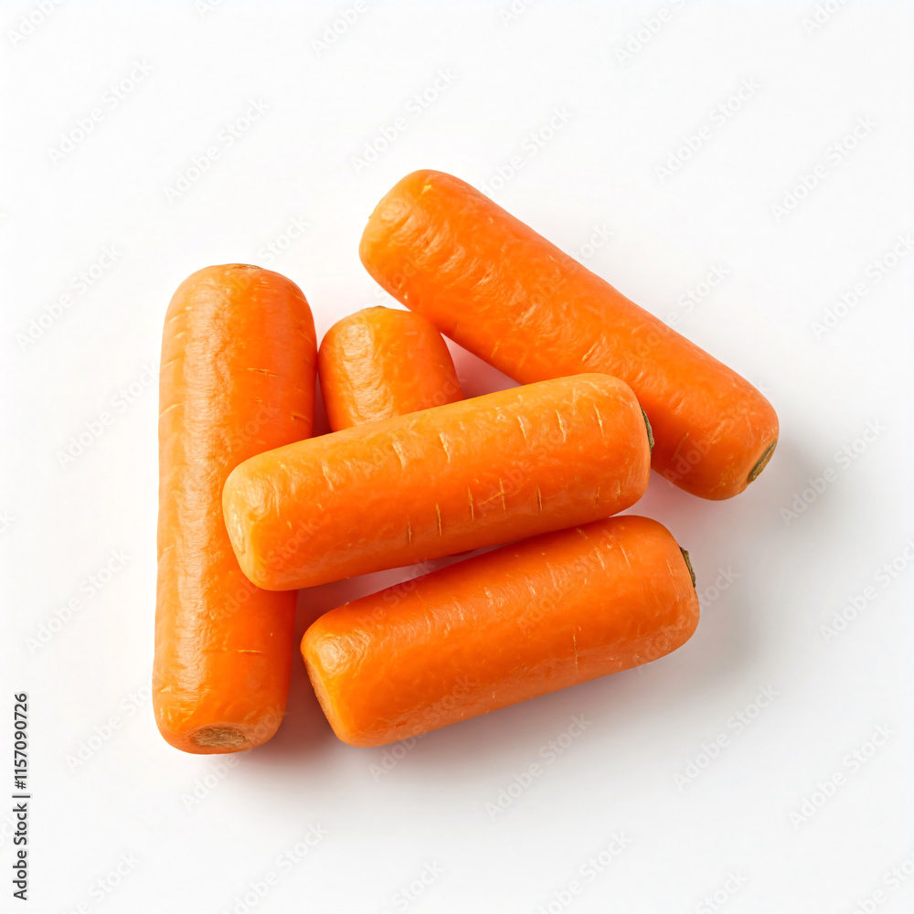 A close-up image of five fresh, peeled carrots arranged on a white background A close-up image of five fresh, peeled carrots arranged on a white background
