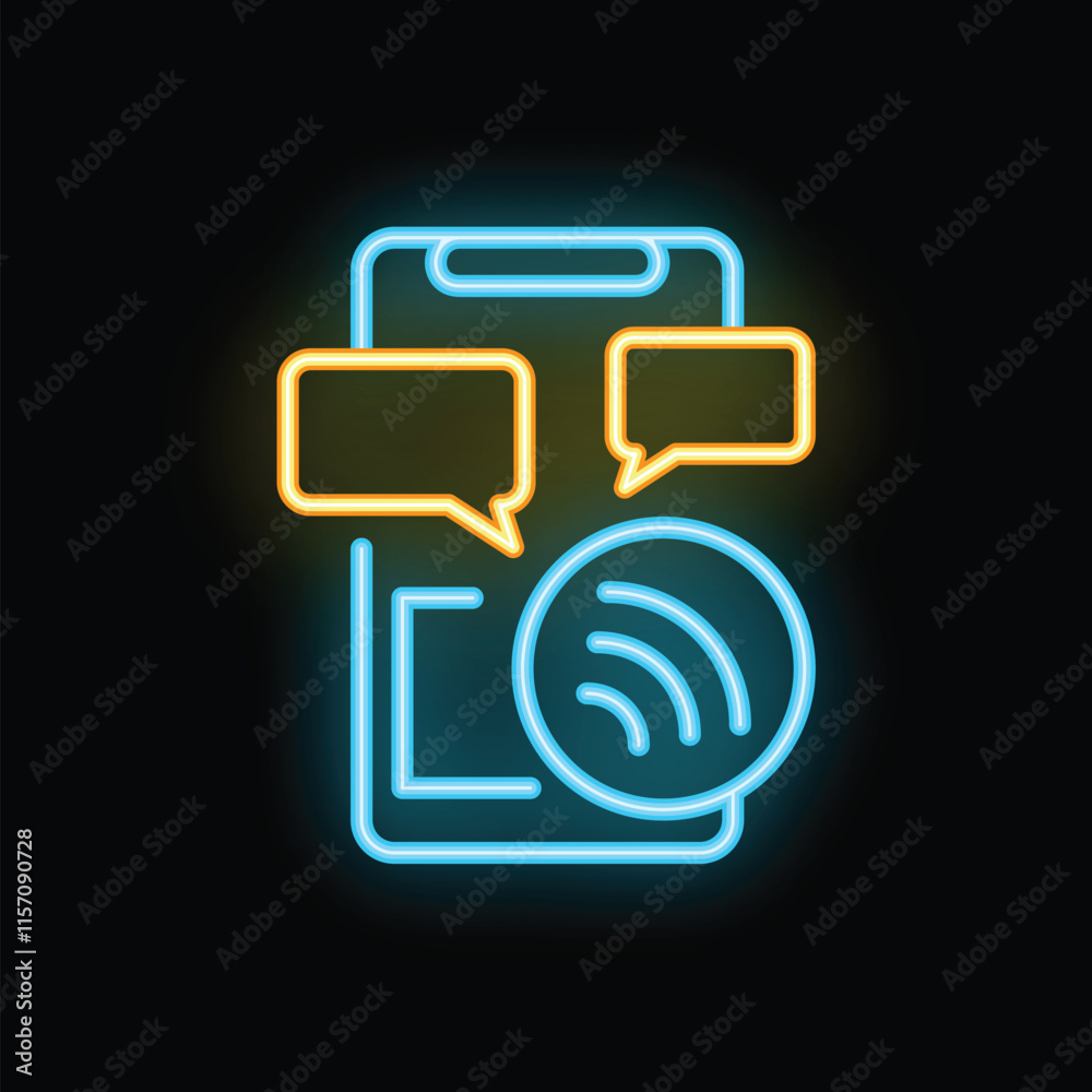 Neon glowing icon of a smartphone sending and receiving wireless data with speech bubbles Neon glowing icon of a smartphone sending and receiving wireless data with speech bubbles