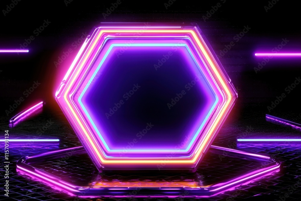 A glowing neon hexagon with dynamic gradients of purple and pink, surrounded by soft misty effects and faint floating sparkles for a futuristic and geometric look. A glowing neon hexagon with dynamic gradients of purple and pink, surrounded by soft misty effects and faint floating sparkles for a futuristic and geometric look.