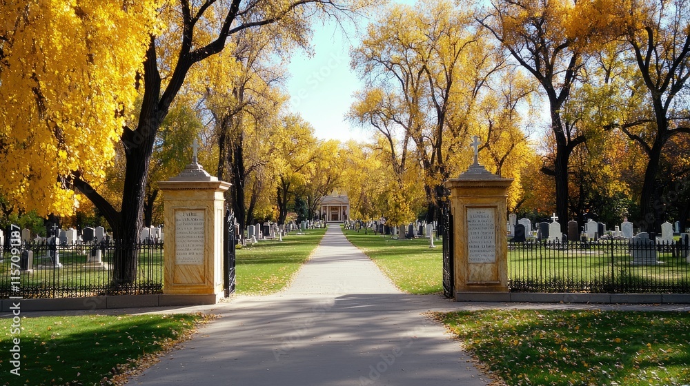 Obraz premium Cemetery features long rows of tombstones and colorful autumn trees, with new poems engraved on marble markers against a clear sky