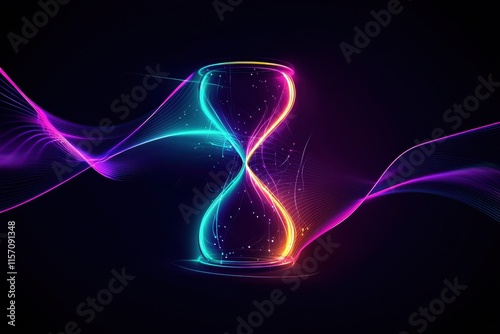 A glowing neon hourglass with radiant hues of purple and gold, surrounded by swirling light trails and faint particles, symbolizing time and motion in a futuristic design.