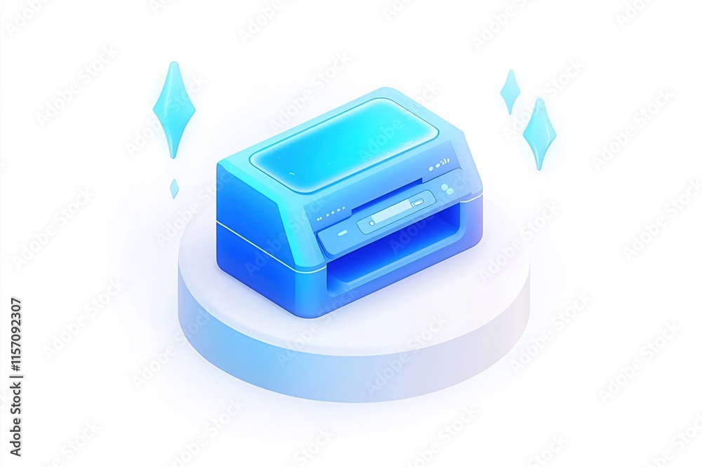 Isometric illustration of a modern blue printer on a white pedestal with light effects. Isometric illustration of a modern blue printer on a white pedestal with light effects.