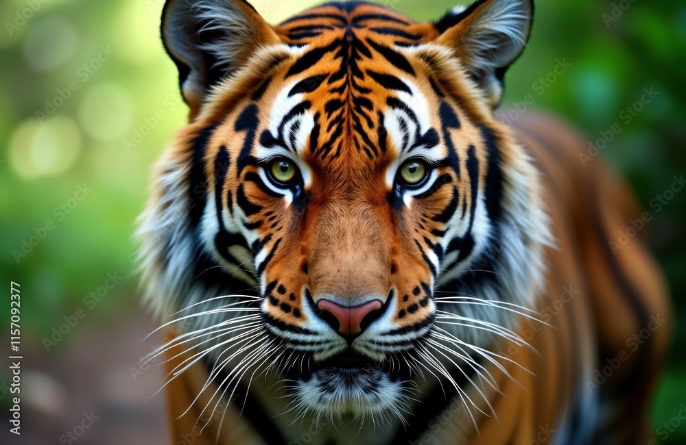 Obraz premium Close-up view of Sumatran tiger face. Wild cat stares directly at camera. Animal portrait shows tiger fur patterns. Endangered species from Indonesian jungle. Beautiful wild animal. Dramatic nature