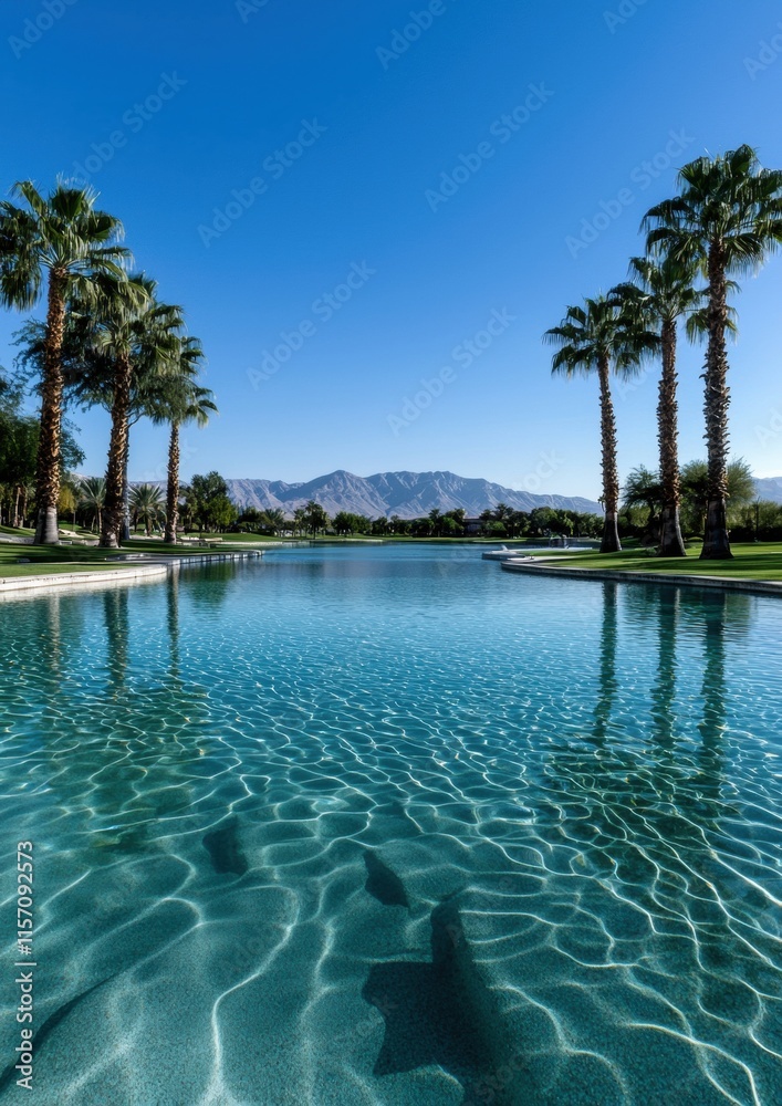 Fototapeta premium A beautiful blue pool with palm trees in the background