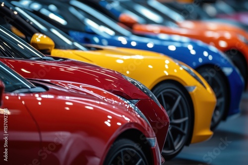 Vibrant lineup of luxury sports cars displayed in a modern showroom photo