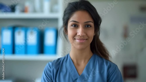 Friendly female healthcare professional in blue scrubs smiling in a clinical setting