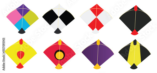 Set of colorful Kites vector on white isolated for makar Sankranti festival