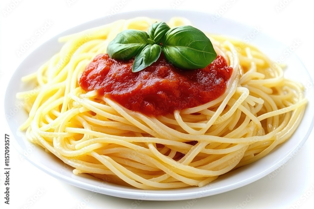 A classic presentation of spaghetti topped with tomato sauce and basil, celebrating Italian dining. A classic presentation of spaghetti topped with tomato sauce and basil, celebrating Italian dining.