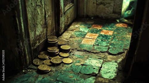 Wallpaper Mural Ancient coins piled on worn tiled floor in abandoned building First-Foot Day Torontodigital.ca