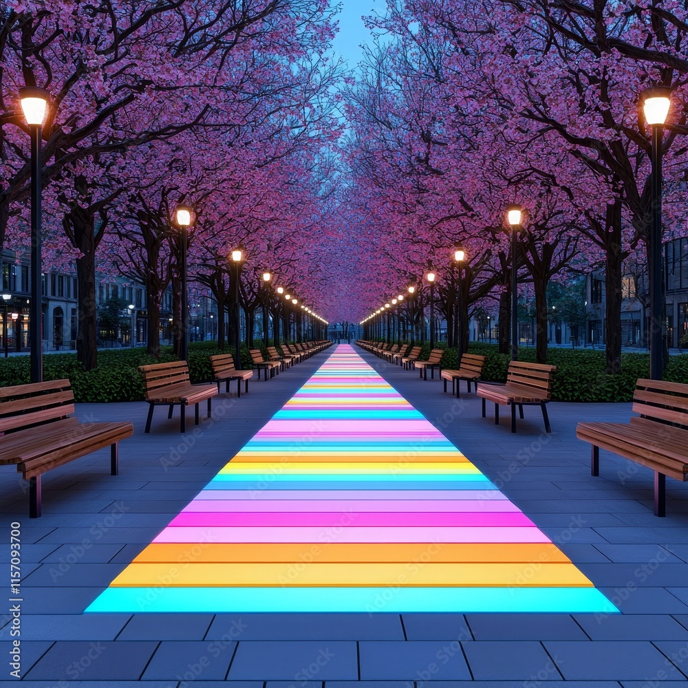 Obraz premium Pastel Park: Serene Nature Setting Featuring Trees, Benches, and Solar Lights - Ideal for Eco-Conscious and Nature-Themed Projects