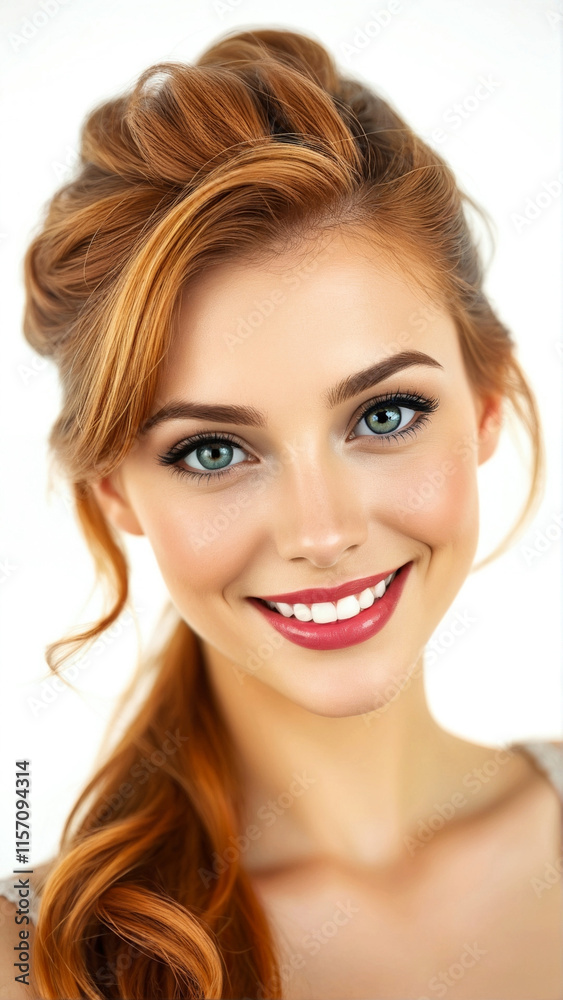 Portrait of a charming red hair girl with big blue eyes and red lipstick posing in front of the camera with a beautiful smile on a white background. Portrait of a charming red hair girl with big blue eyes and red lipstick posing in front of the camera with a beautiful smile on a white background.