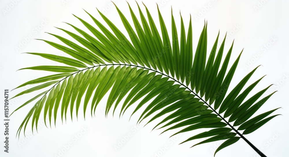 Obraz premium Tropical palm leaf cutout on white background. Green vibrant leaf with feathery texture. Isolated element perfect for design, summer-themed projects. Ideal for various uses like web design, print