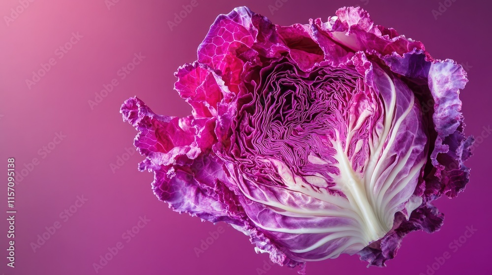 Obraz premium Vibrant purple cabbage displayed against a gradient background enhancing its rich colors and intricate textures