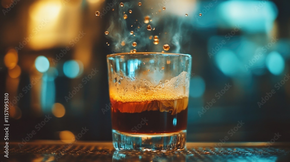 Espresso coffee with steam and droplets in glass cup on bar Espresso coffee with steam and droplets in glass cup on bar