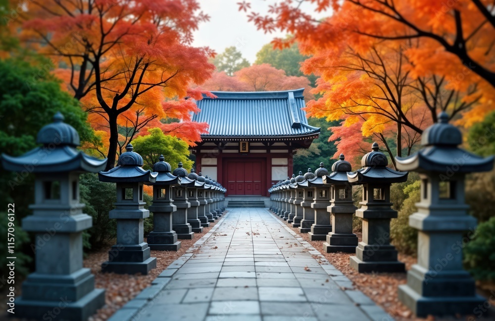 Fototapeta premium Traditional Japanese stone lanterns line path leading to temple gate in autumn. Vibrant fall foliage surrounds walkway creating serene, peaceful atmosphere. Scene evokes sense of zen, tranquility.
